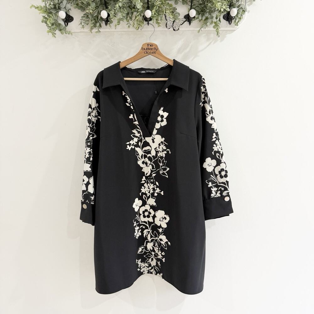 Zara Black Cream Floral V Neck Shirt Dress XXL KD